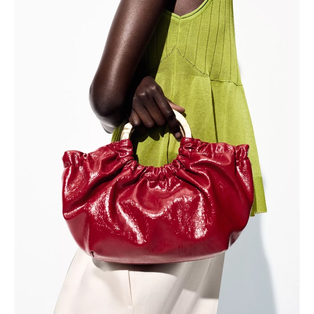 Zara Shiny Red Shoulder Bag with Wooden Handles